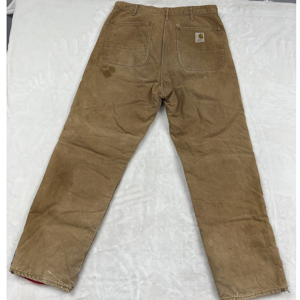 Carhartt Duck Canvas Pants Mens Brown Quilt Lined Distressed Zipper Leg